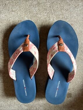 Tommy Hilfiger Navy Blue Flip Flops with Pink Patterned Straps